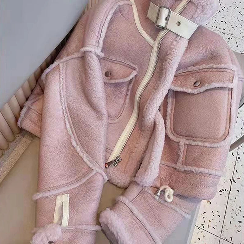 Streetwear Faux Fur Jacket Women Cropped Suede Leather Lamb Wool Coat Sweet Korean Motorcycle Stand Collar Fleece Short Outwear