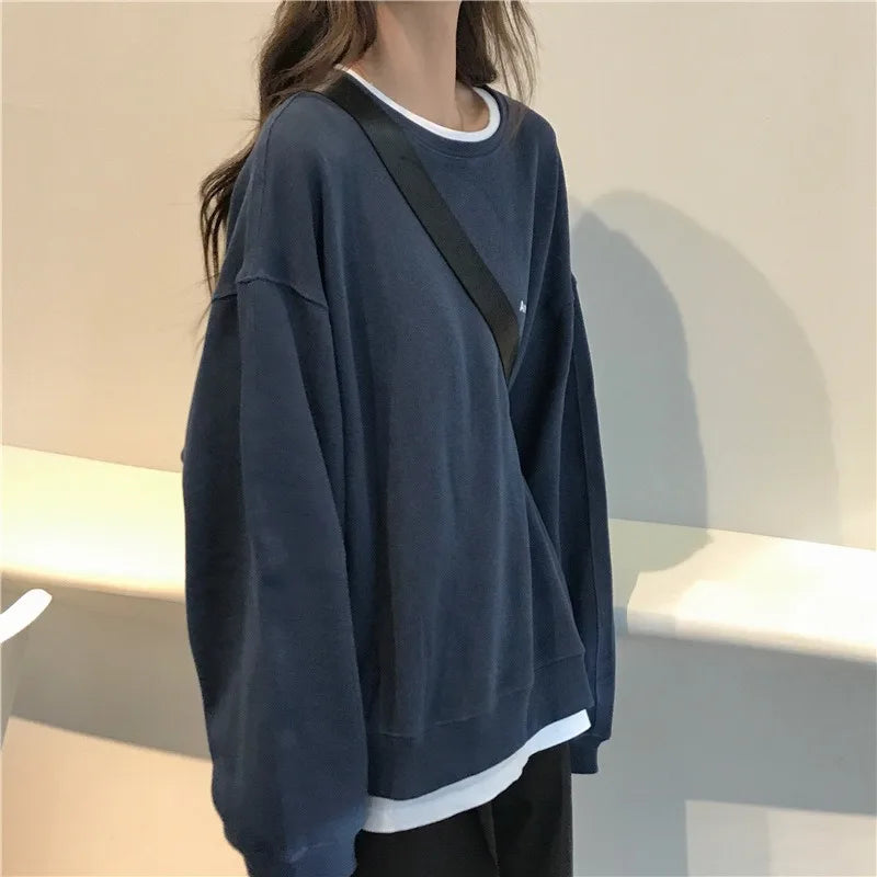 Autumn/Winter Korean Version New Academy Style Minimalist Letter Harajuku Long Sleeve Round Neck Hatless Sweater DEEP BLUE