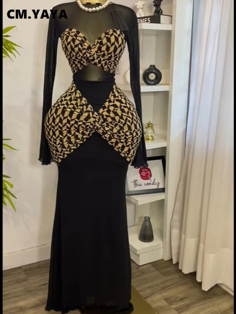 CM.YAYA Women Houndstooth Printed Long Sleeve Draped Ruched Bodycon Midi Mini Dress 2025 Vacation Sexy Party Evening Dresses