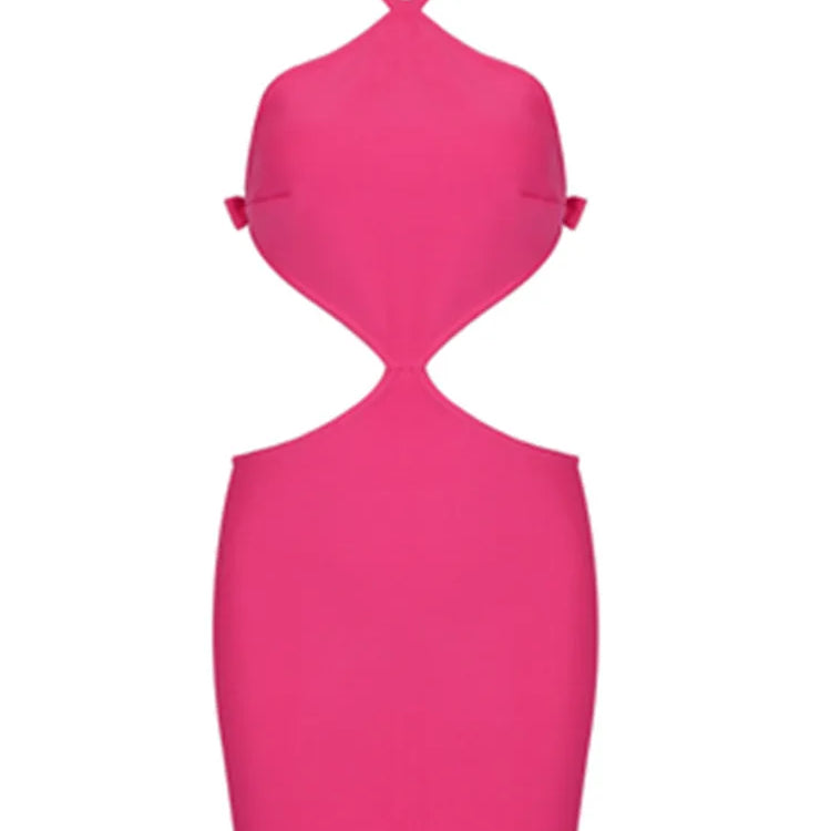 Rose Red Color Women Sexy Bodycon Mini Dress Rayon Bandage Halter Nightclub Party Dress Celebrity Birthday Party Dress