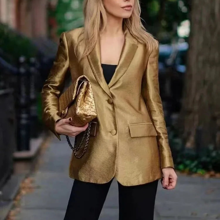 TRAFZA Autumn New Women's Fashion Gold Blazer Retro V Neck Party Long Sleeve Button Up Women's Pocket Casual Blazer Chic Top
