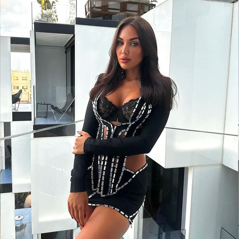 High Quality Women Long Sleeve Shinning Crystal 2 Pieces Bodycon Mini Bandage Dress Rayon Fashion Nightclub Party Birthday Dress