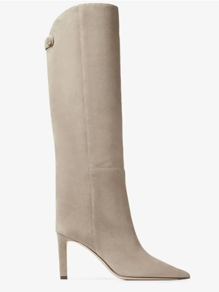 Women's New Thin High Heel Knee Long Boots Fashion Pointed Mid Length Women's Boots Autumn and Winter Fashion Women's Boots 553-apricot