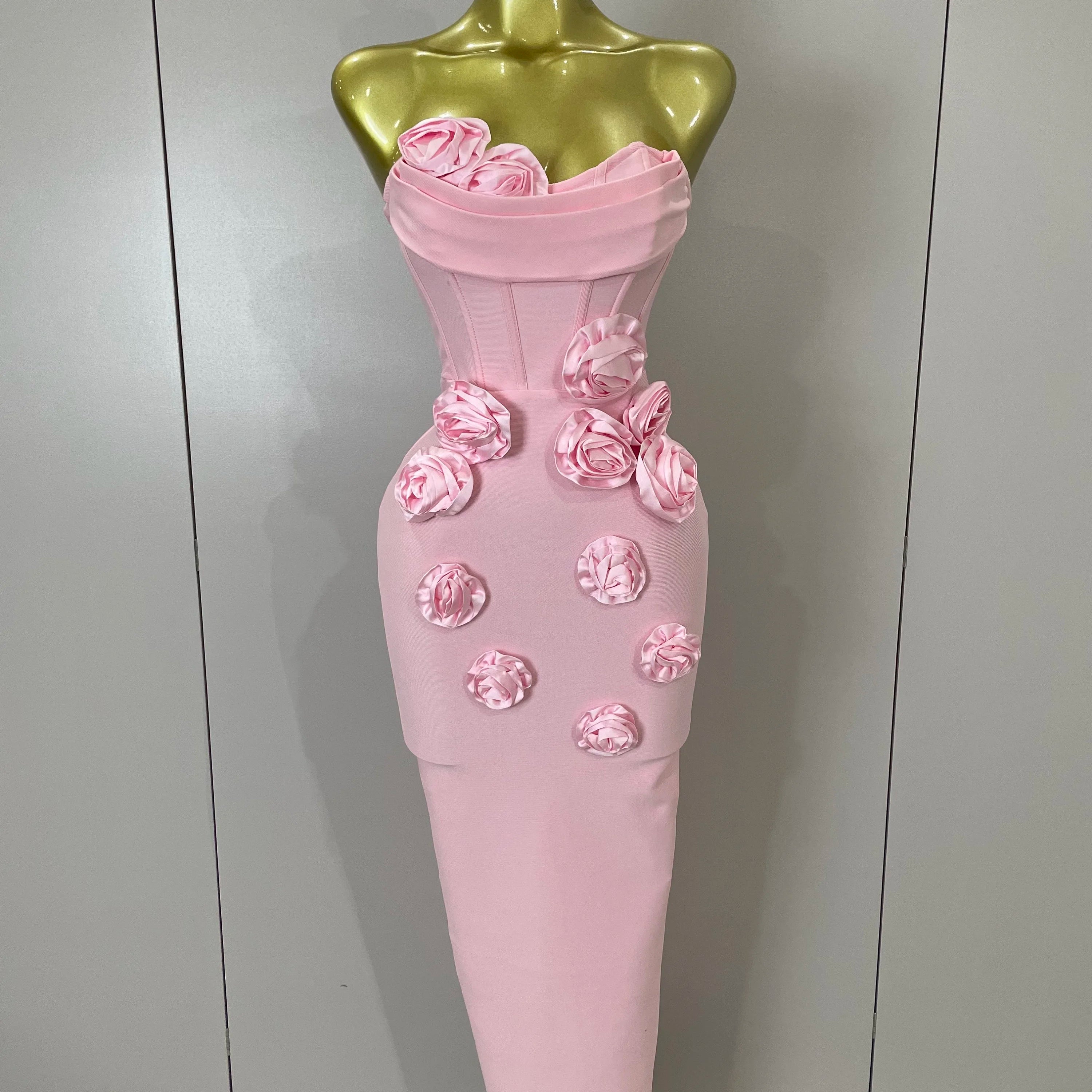 Sexy Fashion White Elegant Strapless Flower Bodycon Long Dress Women Casual Streetwear Club Birthday Party Slim Elegangt Dresses