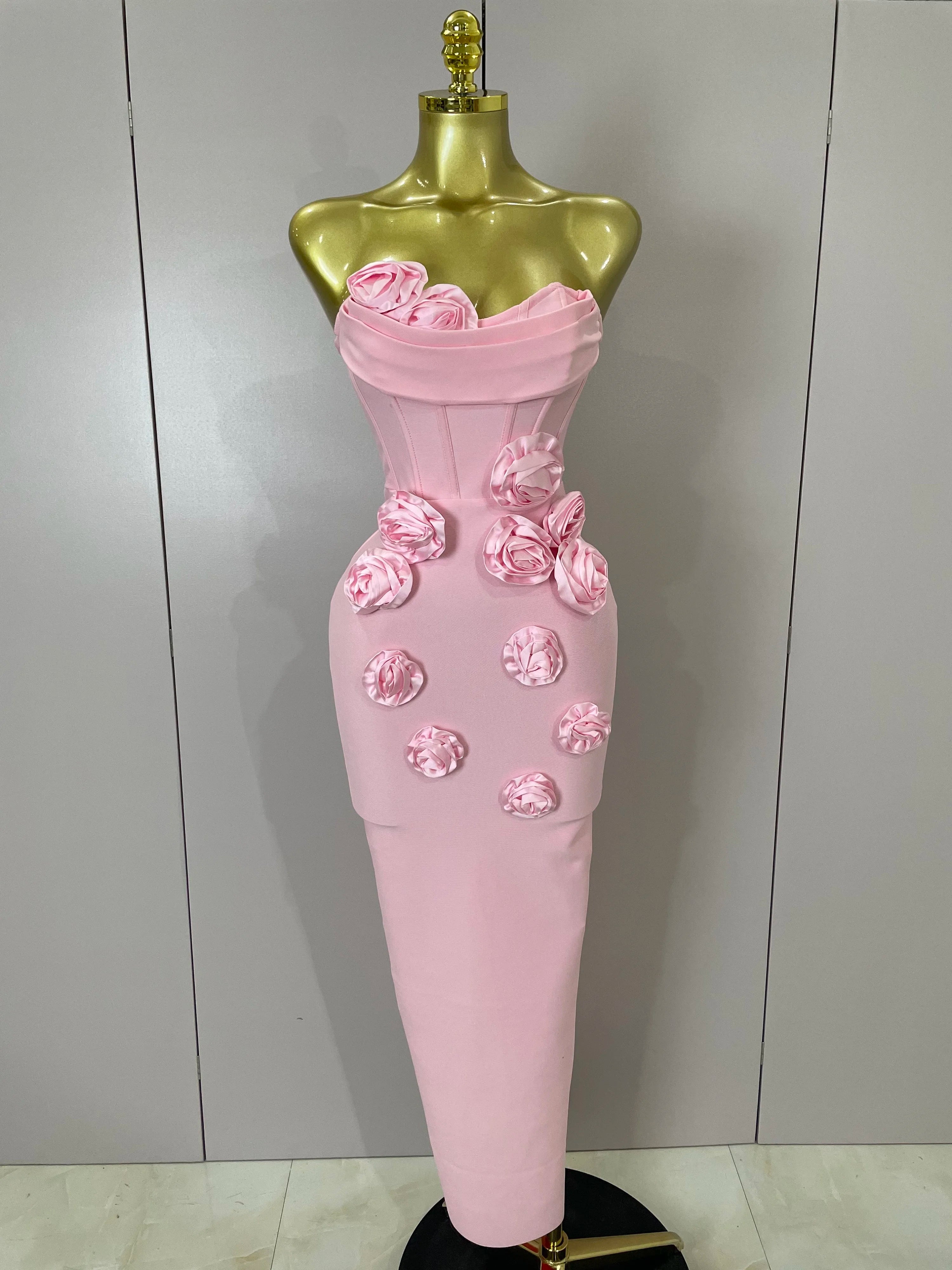 Sexy Fashion White Elegant Strapless Flower Bodycon Long Dress Women Casual Streetwear Club Birthday Party Slim Elegangt Dresses