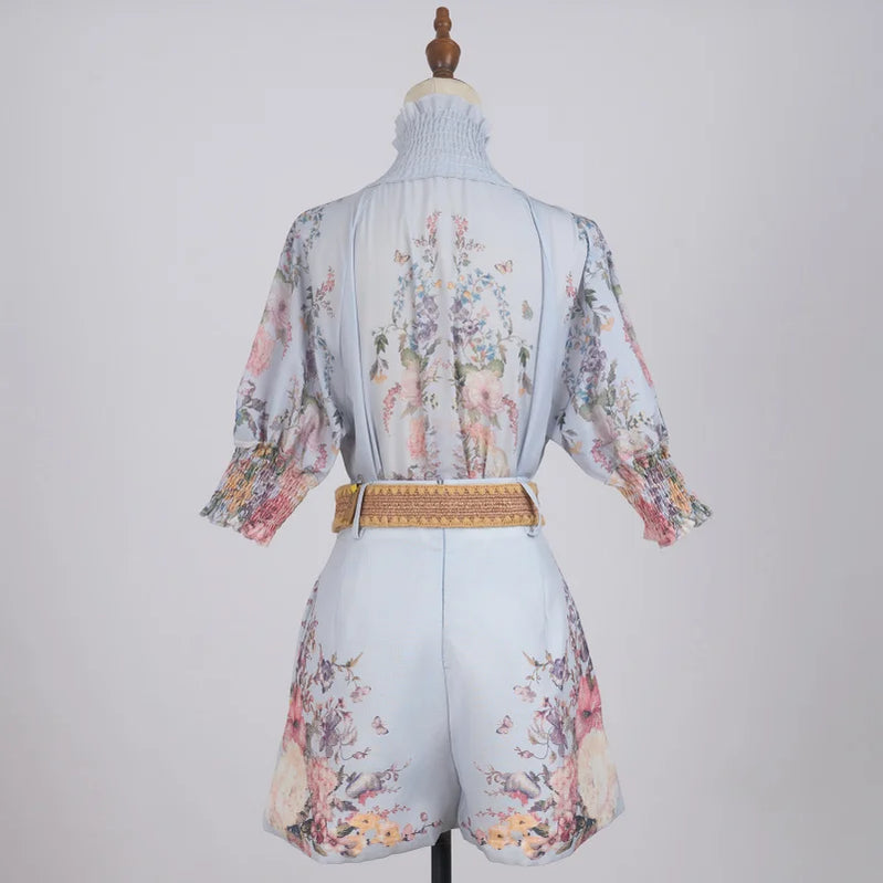 Shot Spot Australian Design Positioning Printing Single-Breasted Cotton and Linen High-End Puff Sleeve Shirt Shorts with Be