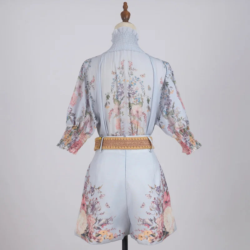 Shot Spot Australian Design Positioning Printing Single-Breasted Cotton and Linen High-End Puff Sleeve Shirt Shorts with Be