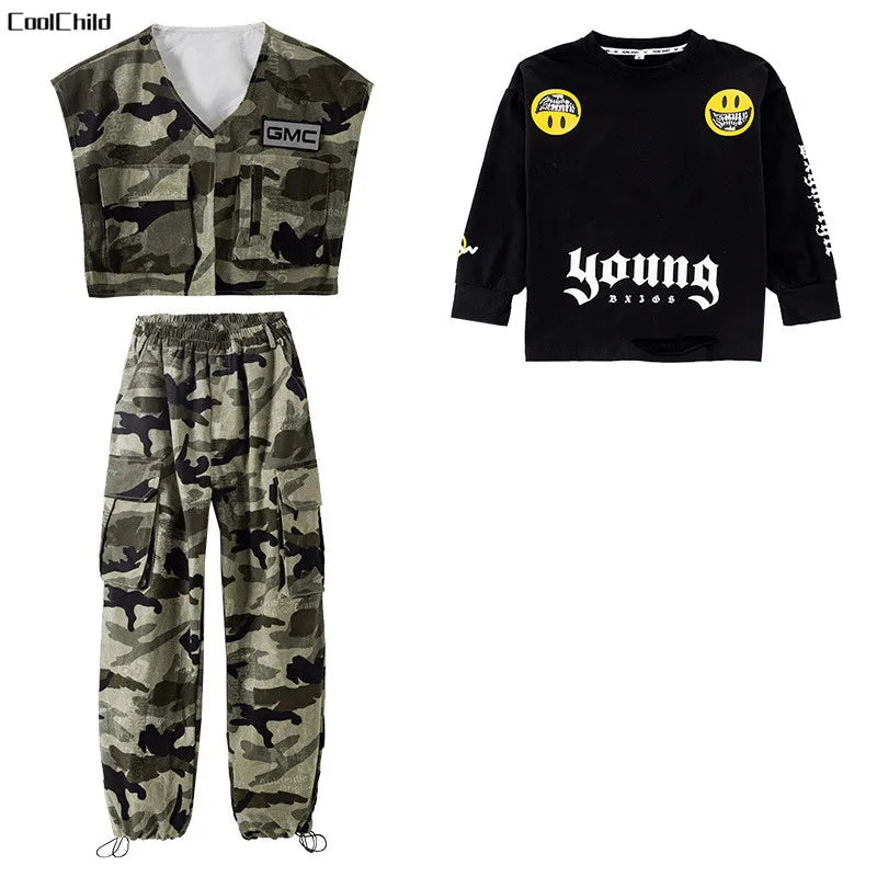 Boys Streetwear Girls Hip Hop Camouflage Vest Cargo Pants Children Military Jogger Street Dance Kids Costume Teen Fashion Outfit 3 Pcs Sets