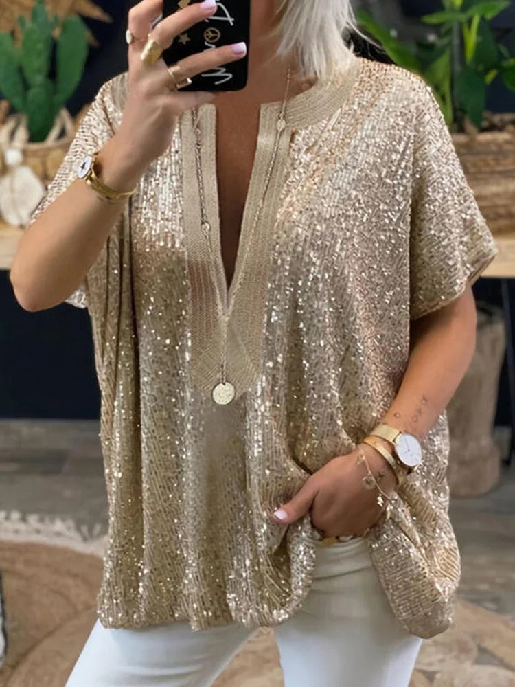 Women Blouses and Tops Large Size Designers Summer Short Sleeve V Neck Sequin Splic Long Shirts Womans Clothing