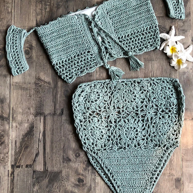 Crochet High Leg Bandeau Bikini Set Swimwear Female Two Pieces Swimsuit High Waist Bikini Women Bathing Suit Biquini 2019 New Lake green