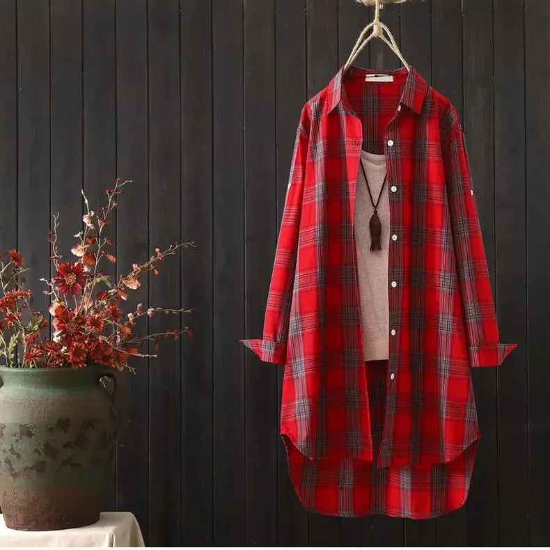 Plaid Medium Long Blouses Casual Style Loose Shirts Female Summer Beach Sunscreen Blouses Fashion Korean Style Female Blouses Red