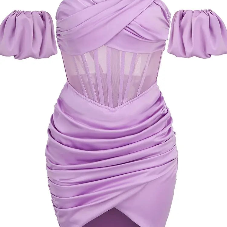 Ailigou New Summer Women's Bubble Sleeves Off Shoulder Pleated Sexy Tight Mini Dress Party Nightclub Elegant Dress Vestido