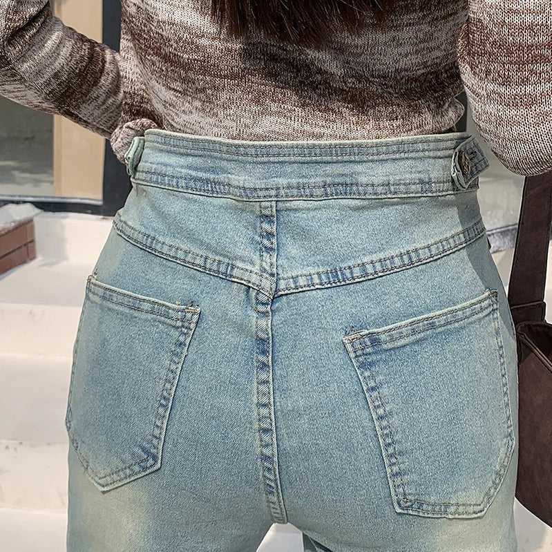 Autumn Winter Woman High Waist Jeans American Street Style Straight Tube Jeans Women Blue Nine Point Pants for Women