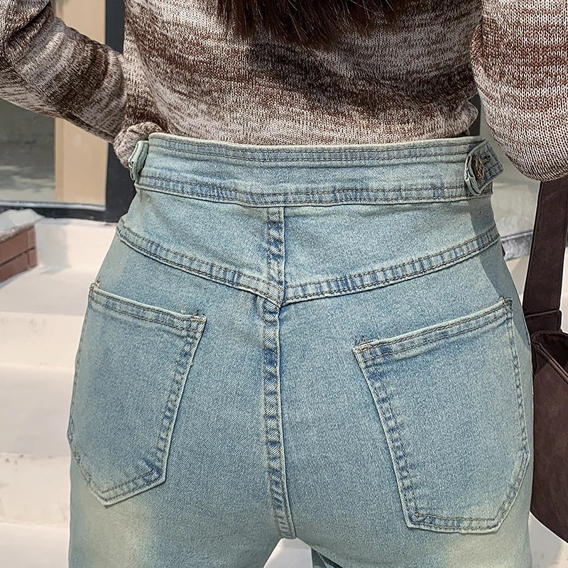 Autumn Winter Woman High Waist Jeans American Street Style Straight Tube Jeans Women Blue Nine Point Pants for Women