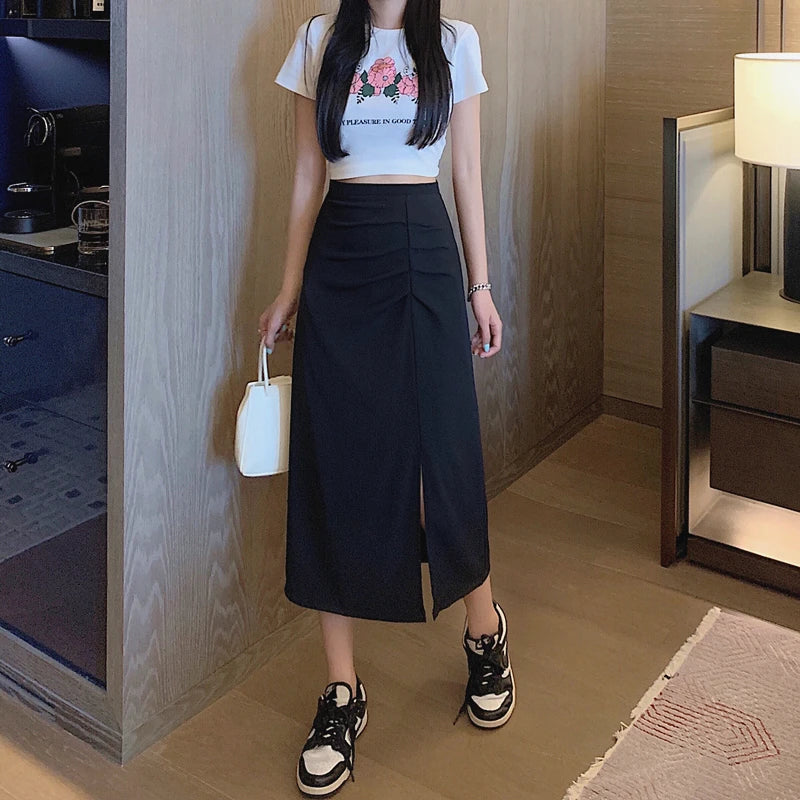 A-Line Elastic Waist Irregular Pleated Split Skirt Midi Dress Sexy Casual Solid Elegant Chic Women Clothing French Summer OL New