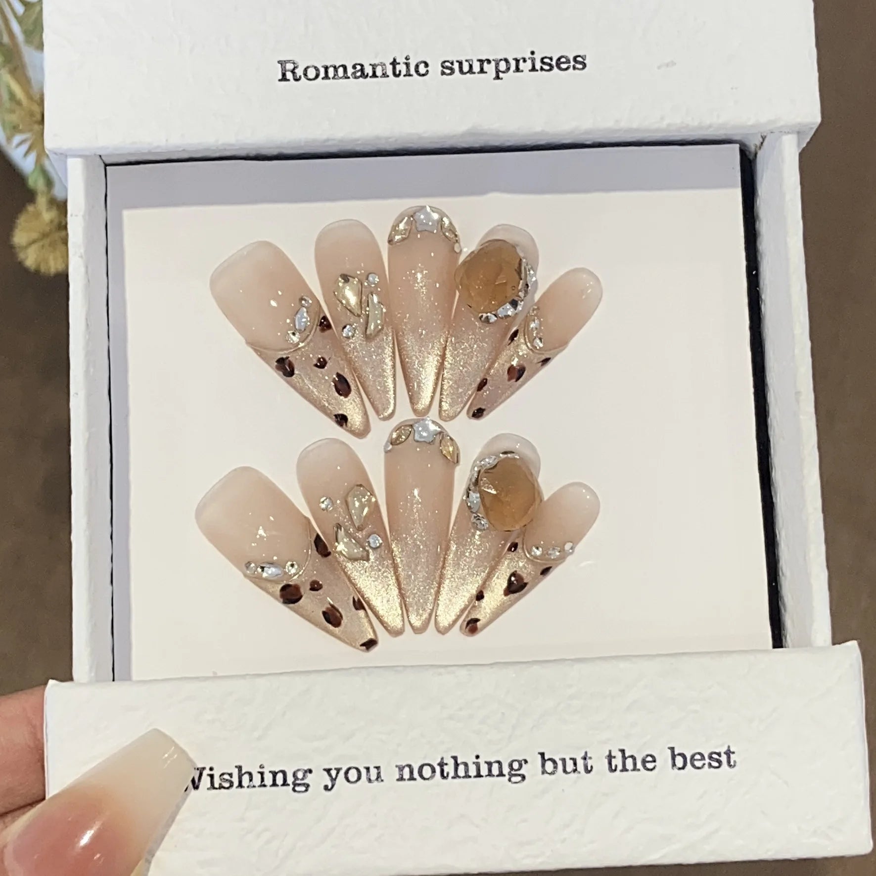 10Pcs Long Stiletto Cat Eye Handmade Gel Nails Press Ons Sweet Cool Leopard Print False Nail Shiny Diamond French Fake Nail Tips