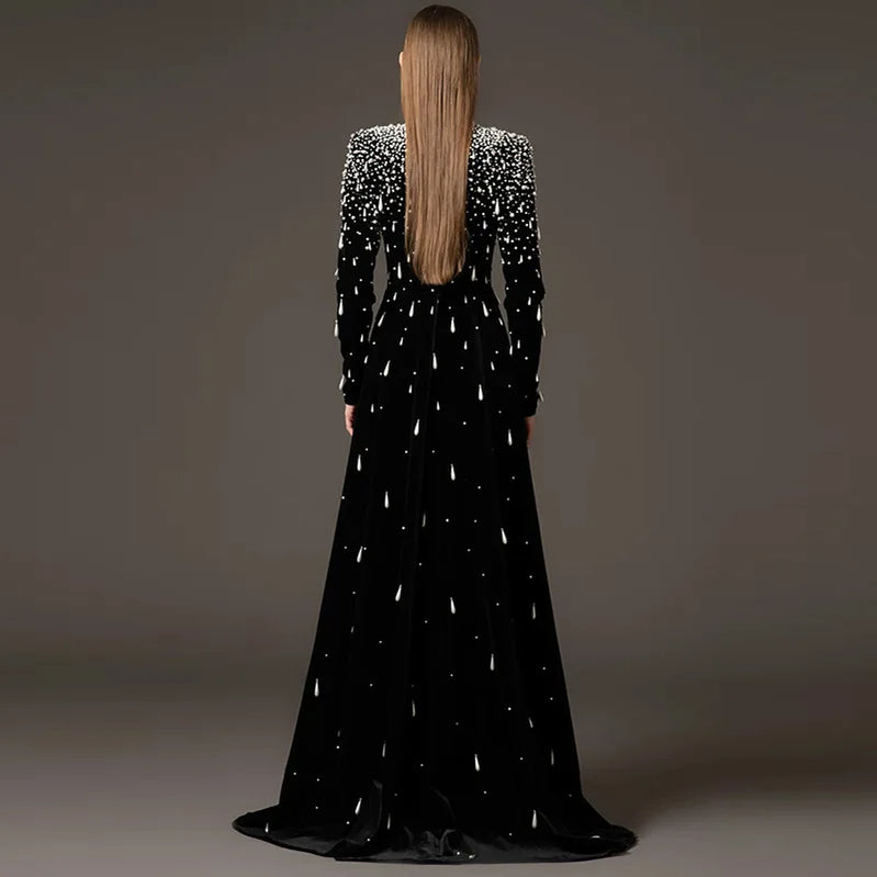 TWOTWINSTYLE Slimming Luxurious Dresses for Women Round Neck Long Sleeves Patchwork Bead Temperament Dress Female Clothing New