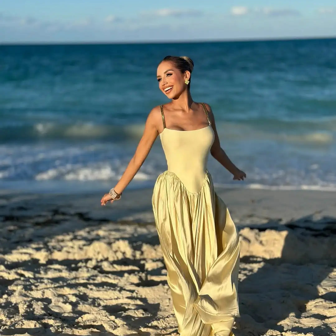 Yellow Women Sleeveless Sexy Strap Square Collar Long Bandage Maxi Dress Beach Style Celebrate Birthday Vacation Party Dress