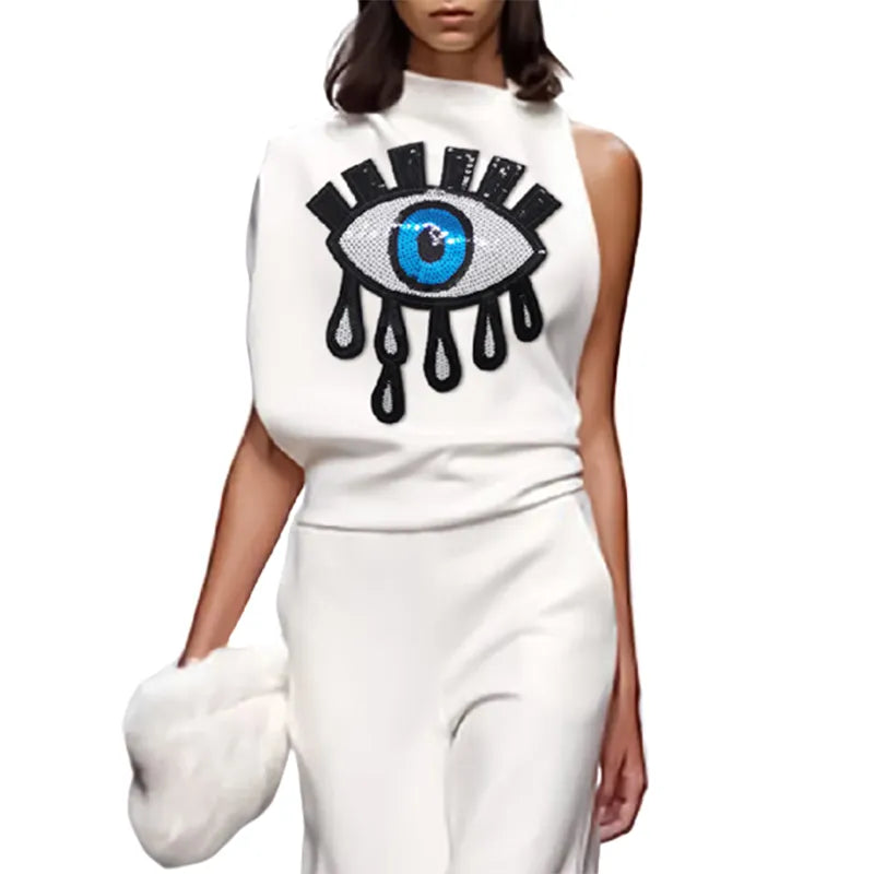 Freeacy Female T-shirt Summer New Stylish Eyes Printed Sleeveless Asymmetrical Tops Women s Daily Casual Streetwaer Shirt