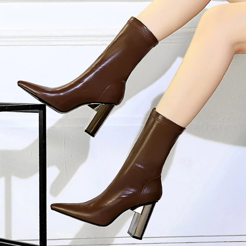 Shoes Metal Chunky Heel Leather Boots Women Mid-Calf Boots Fashion Autumn Winter Shoes High-heel Boots Female Shoes