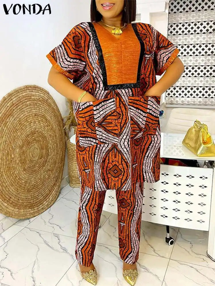 Plus Size 5XL Women Two Piece Sets Summer Printing Loungewear Pants Sets VONDA 2024 Vintage Short Sleeve Tops Loose Pants Suits