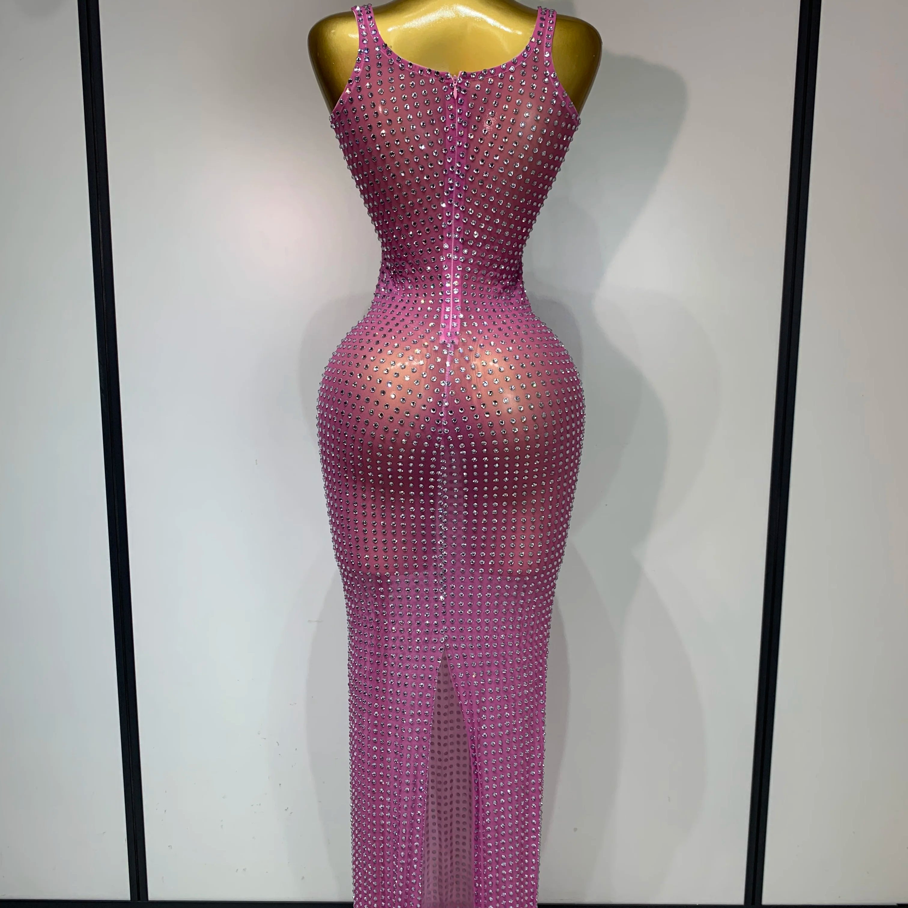 Women Sexy Mesh See Through Rhinestone Pink Long Maxi Dress Birthday Evening Party Costume Singer Stage Performance Costume
