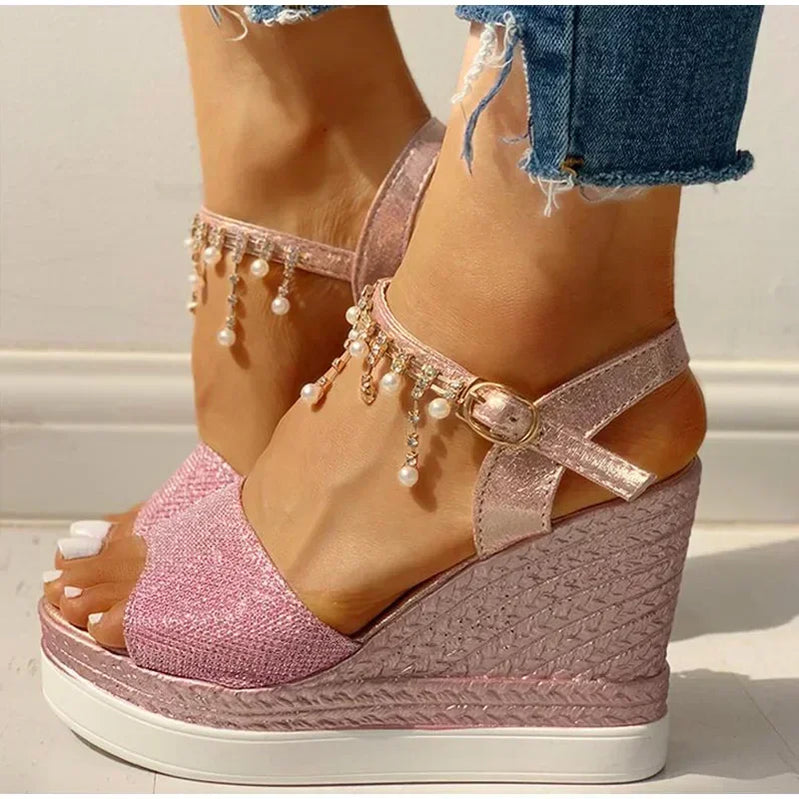 Women Wedge Sandals Summer Bead Studded Detail Platform Sandals Buckle Strap Peep Toe Thick Bottom Casual Shoes Ladies Pink