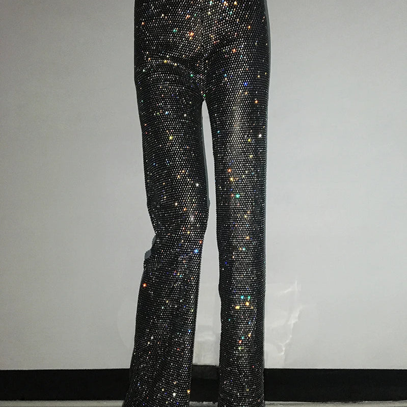 Fashion Sexy Glitter Crystal Diamonds Fishnet Women Pant See Through High Waist Pant Female Loose Hot Girl Party Clubwear Black One Size