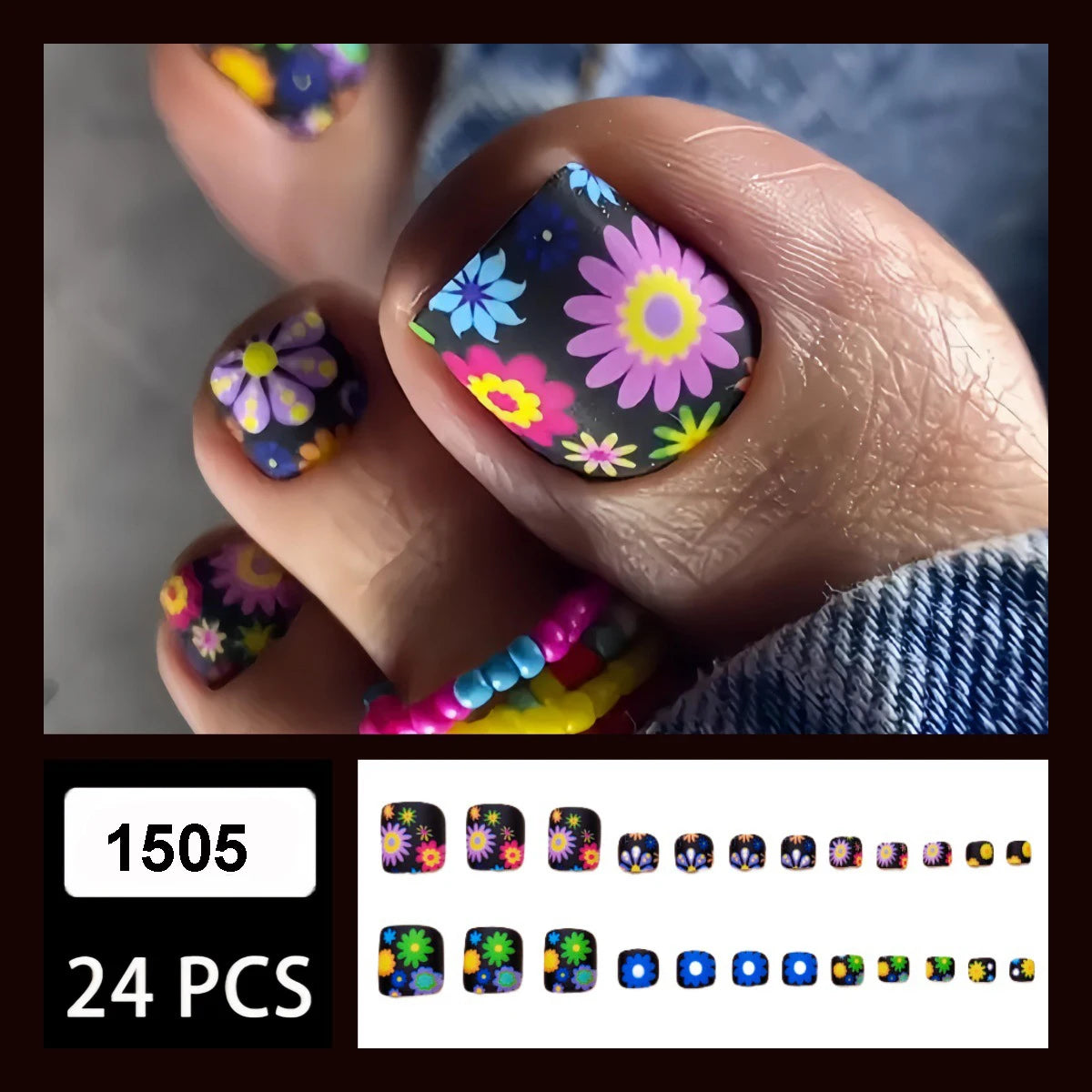 24pcs/set short square teo nails Colorful Flower summer fake nail tips glitter rhinestones floral press on false nail art kit