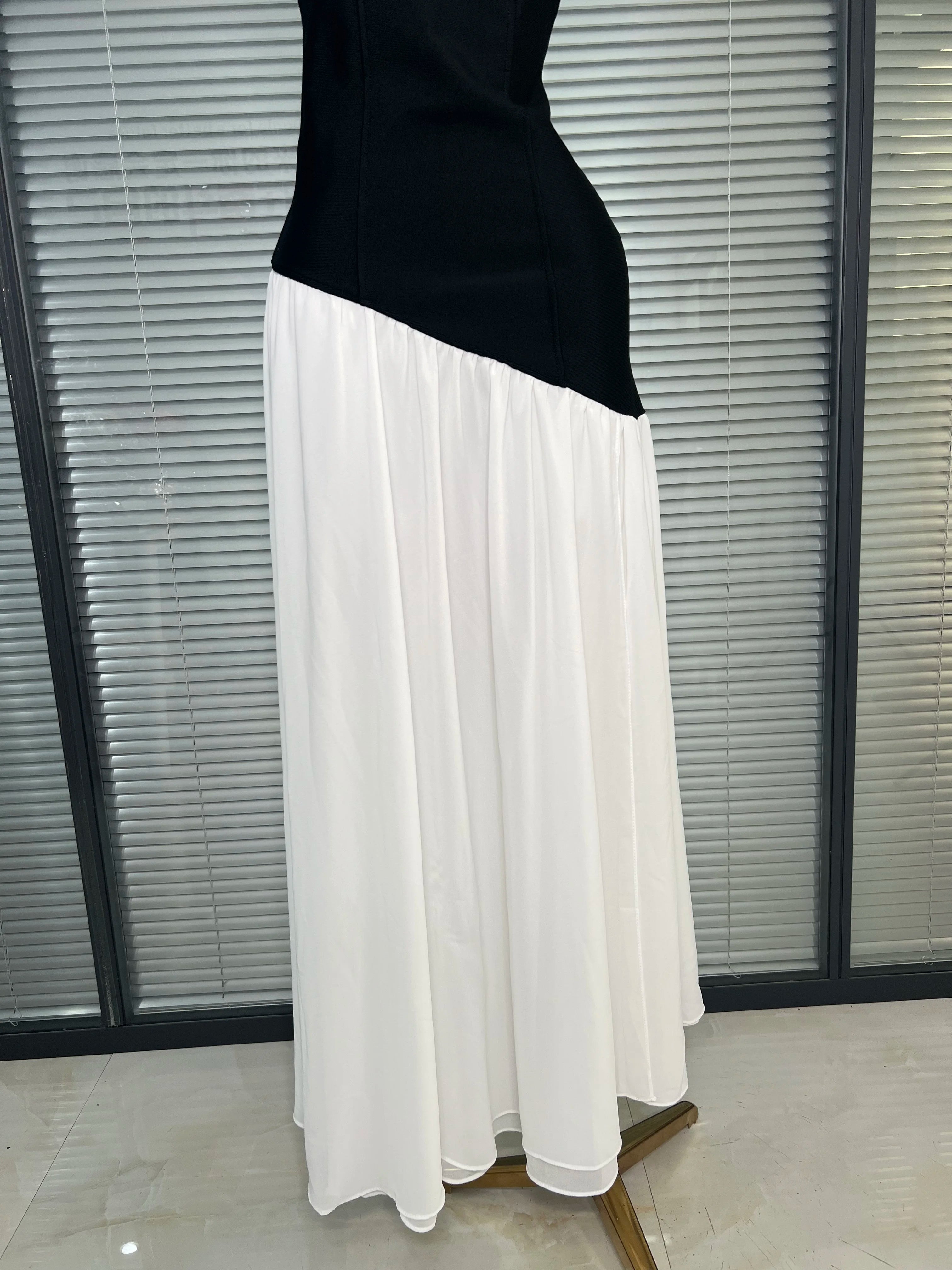 Brand New 2025 Women Sexy Strapless Bodycon Maxi Dress Patchwork High Street Evening Party Dress Vestido