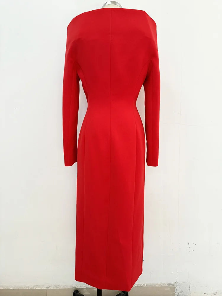 Vestido de festa feminino, preto, vermelho, manga longa, sexy, ombro de fora, colado, comprimento médio da panturrilha, celebridade, traje para tapete vermelho