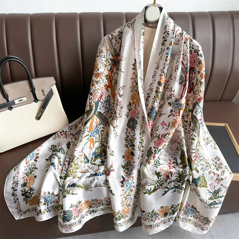 180*90cm Elegant Print Large Size Scarves Women High Quality Soft Silk Scarf Sun Protection Shawl Hijab Bandanna Foulard Muffler XL146-3 180X90cm