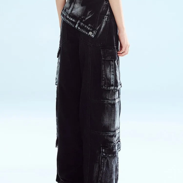 BPN Black Gothice Cargo Jeans For Women High Waist Patchwork Pockets Y2K Vintage Wide Leg Denim Pants Female Fashion Clothing