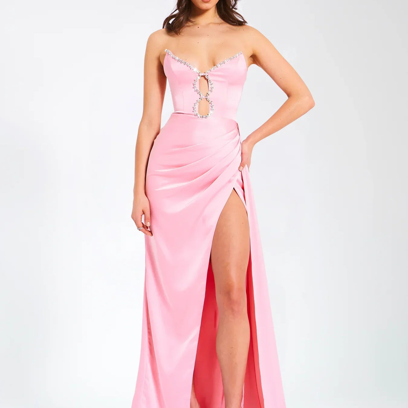 Pink Color Women Sexy Strapless Shinning Crystal Satin Bodycon High Split Dress Sweet Birthday Party Valentine's Day Dress