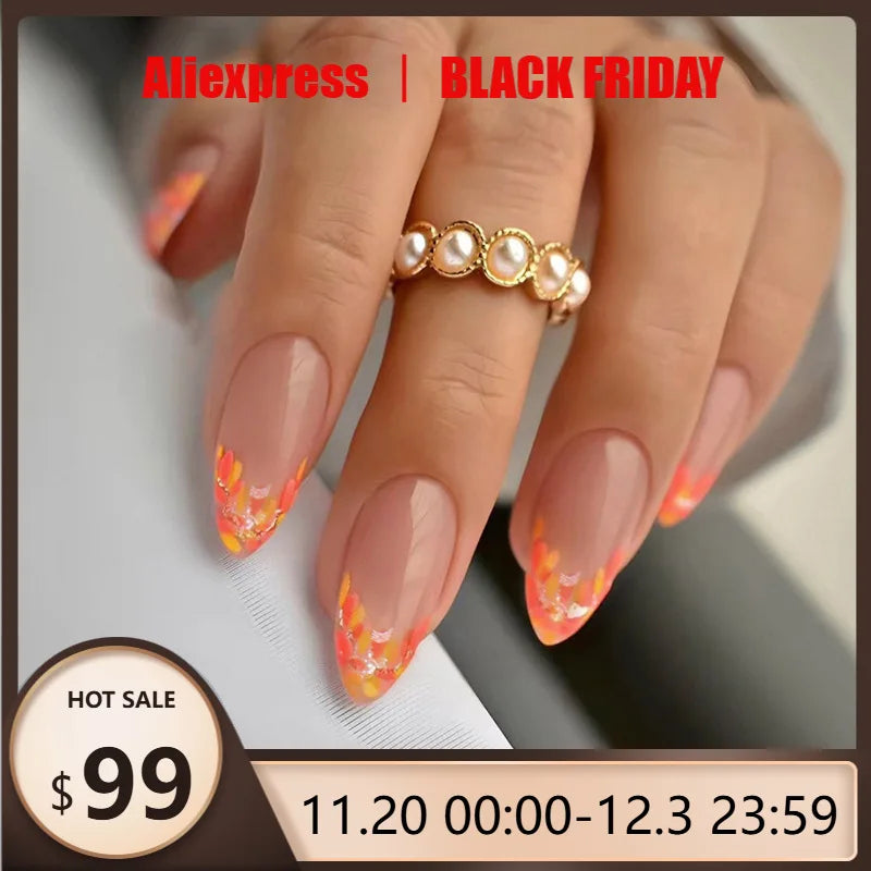 24pcs Autumn Leaf Glitter French Press on Nails Orange Almonds Fake Nails Full Cover Wearable False Nails