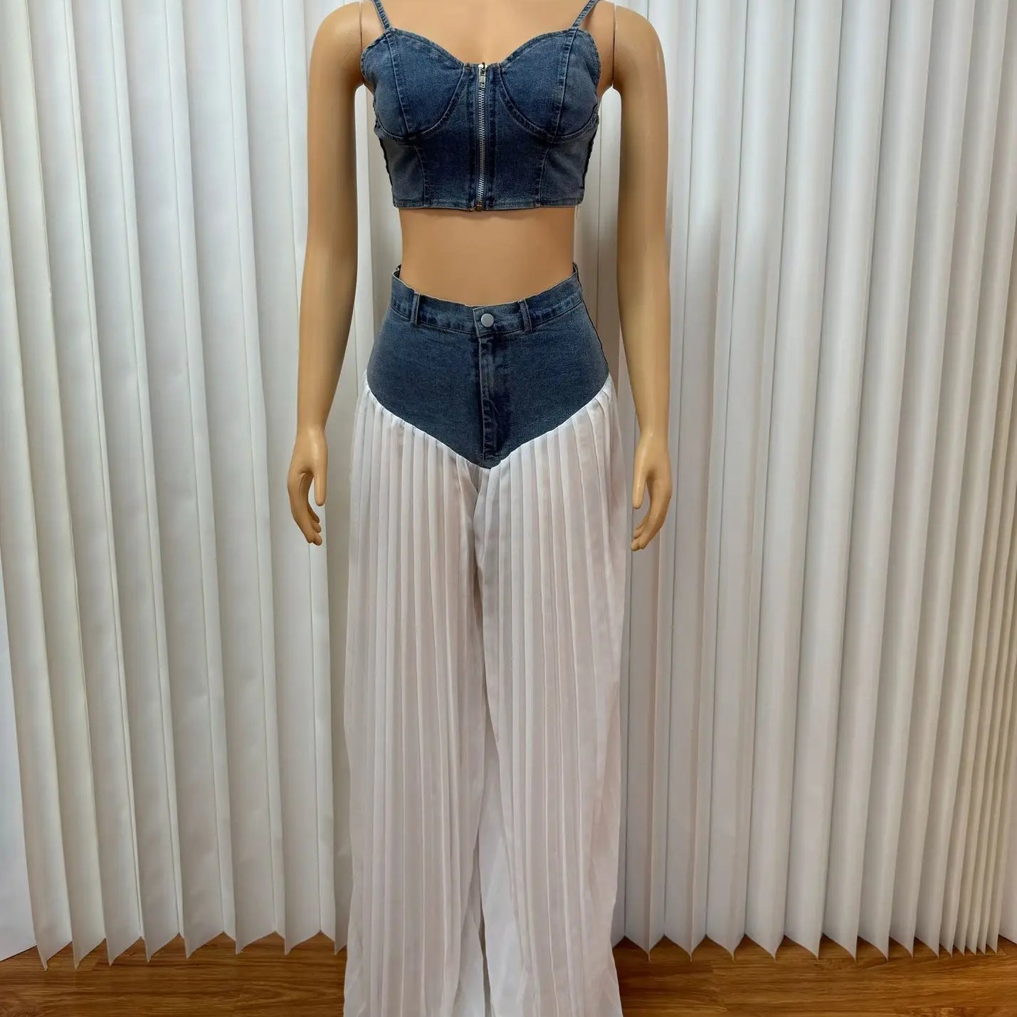 CM.YAYA Fashion Denim Chiffon Women's Set Strapless Crop Top and Jeans Pants Suits 2025 Sexy Party Club Two 2 Piece Set Outfits