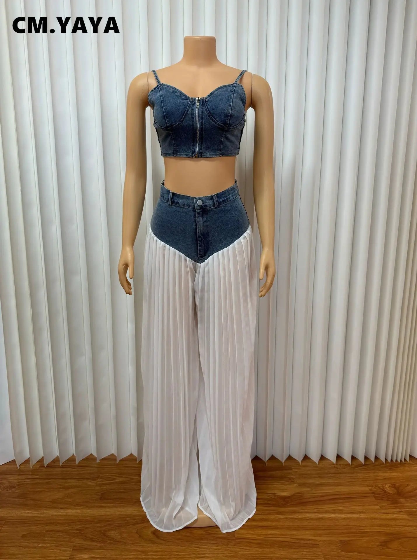 CM.YAYA Fashion Denim Chiffon Women's Set Strapless Crop Top and Jeans Pants Suits 2025 Sexy Party Club Two 2 Piece Set Outfits