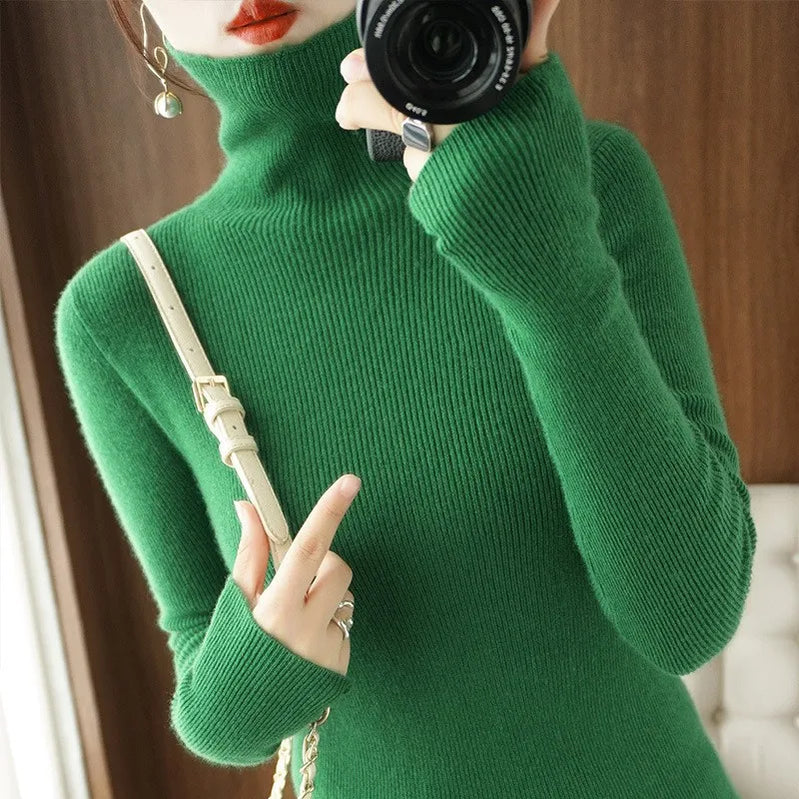 Women Sweater Winter Cashmere Turtleneck Warm Knitwear Korean Casual Solid Bottoming Shirt Fashion Knit Pullovers Brown Sweater green