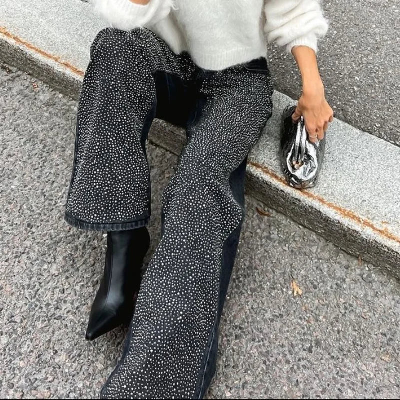 Fashion Trendy Diamond Design Loose Black Relaxation of Tall Waist Wide Legged Pants Autumn/Winter Women's Jeans