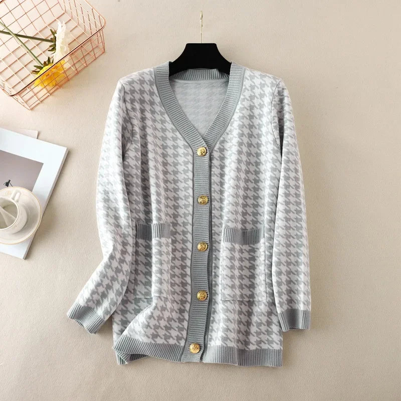 Houndstooth Cardigans Long Sleeve Sweater Women Autumn Winter Clothes Open Stitch Female Outwear Streetwear Knitted Cardigan grey One Size