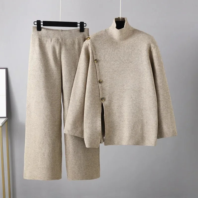 Two-piece Set Warmth Reduction Casual Wide Leg Pants Split Knit High Neck Sweater for Women's Winter Khaki One Size