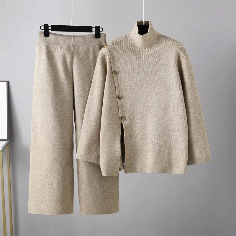 Two-piece Set Warmth Reduction Casual Wide Leg Pants Split Knit High Neck Sweater for Women's Winter Khaki One Size