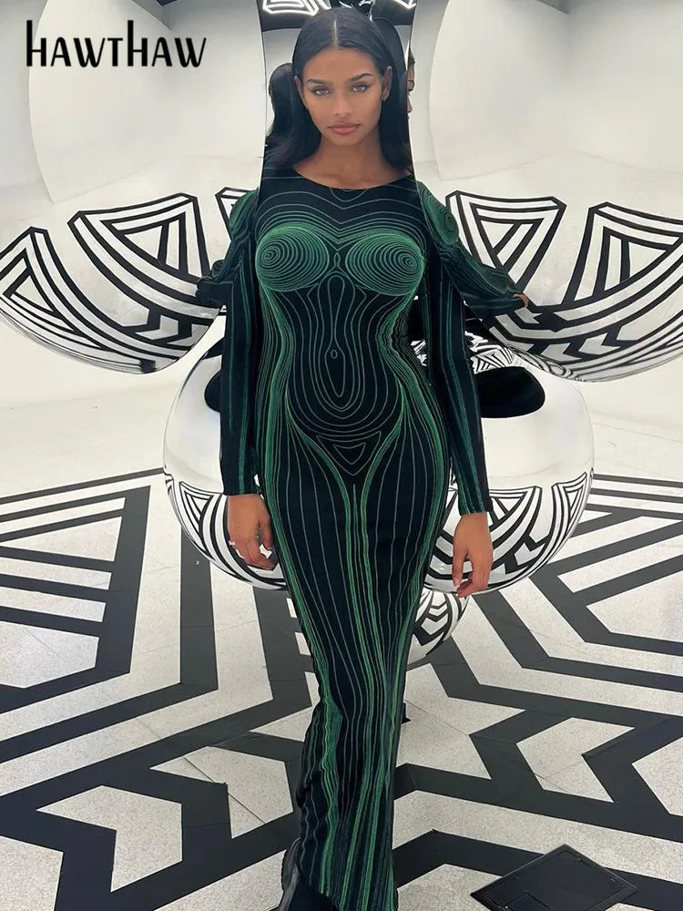 Hawthaw Women Fashion Long Sleeve Bodycon Streetwear Party Club Green Long Dress 2022 Fall Clothing Wholesale Items For Business