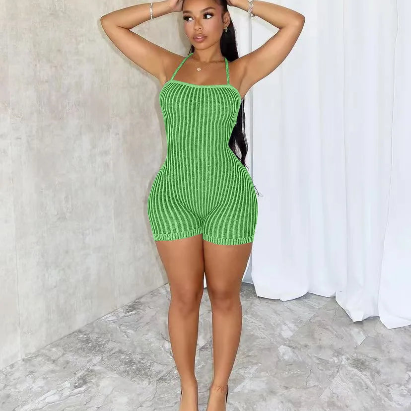 CM.YAYA Women Knitted Sleeveless Strap Short Jumpsuits Street 2024 Summer Striped Casual Sexy One Piece Suit Romper Playsuits