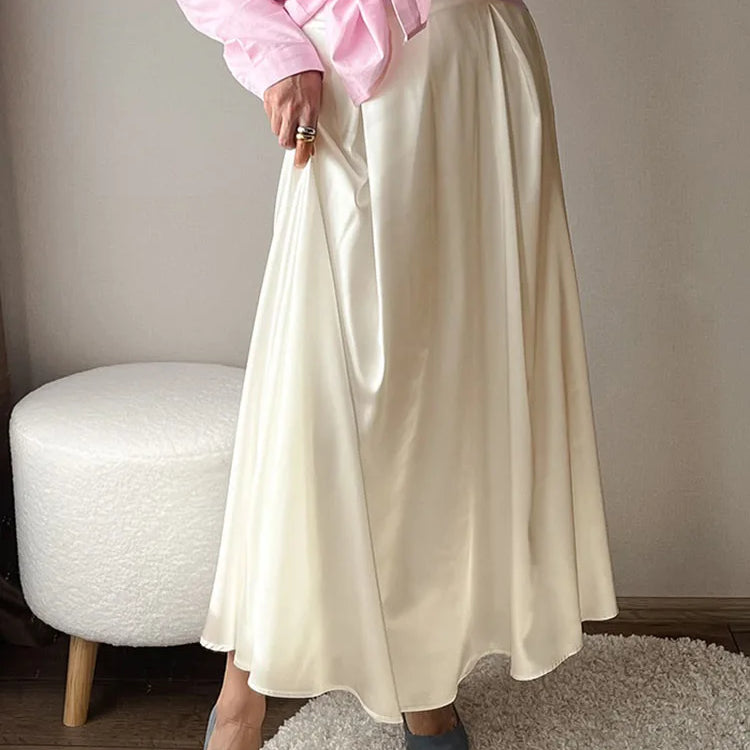 MiuKoMiYa Black A Line Long Skirts For Women Satin Summer Solid Silk Maxi Skirts Ladies Office Elegant Women Beige Skirt 2024