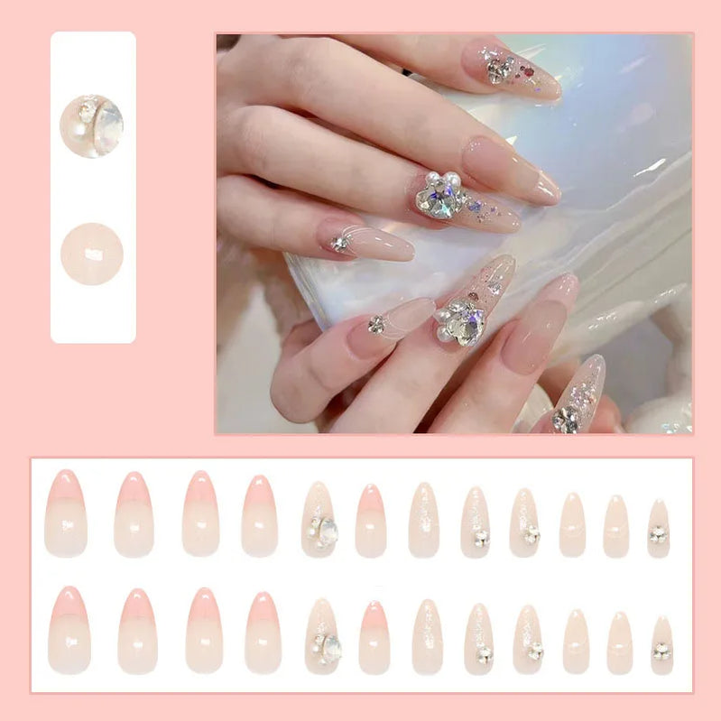 24pcs/set Short Medium fake nails for women girls gradient shiny glitters heart french Square almond tips Press on false nail