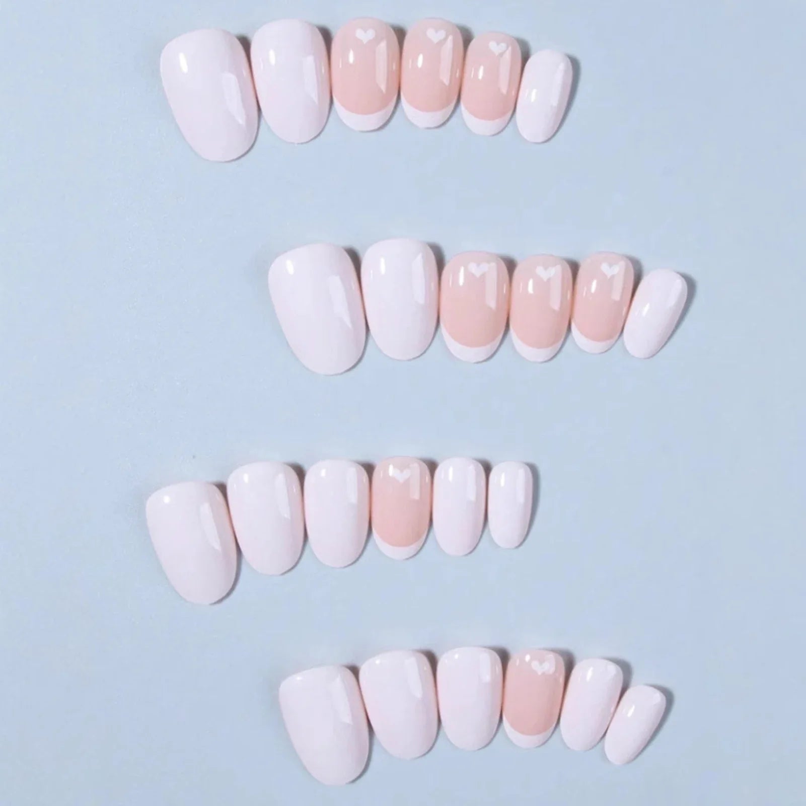 Short Oval Shaped False Nails for Women 24Pcs White French Press On Nails Love Heart Printed Wearable Acrylic Fake Nails Patches