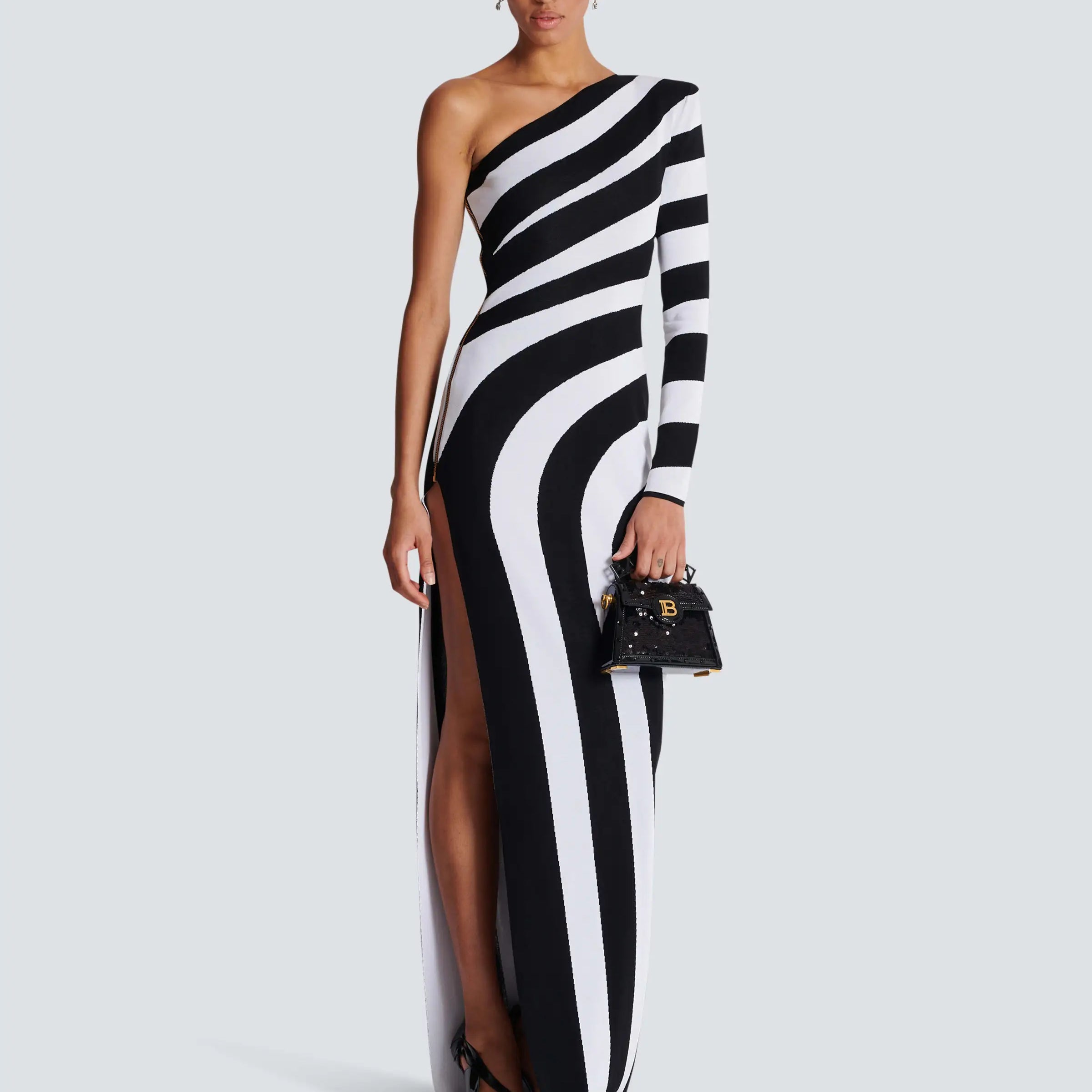 Black White Stripes Sexy High Slit One Shoulder Ankle Length Bandage Dress Fashion Woman Evening dress Celebrity Party Outfit