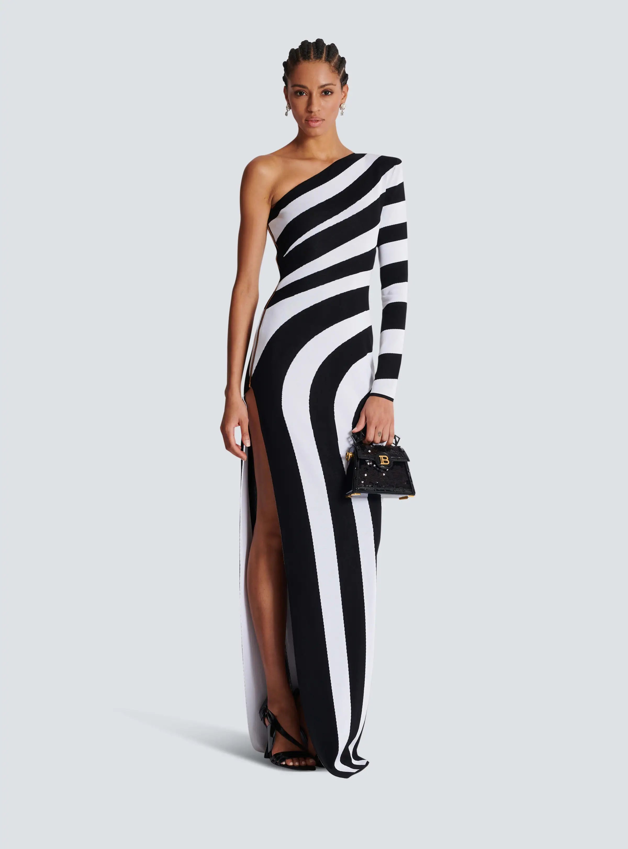 Black White Stripes Sexy High Slit One Shoulder Ankle Length Bandage Dress Fashion Woman Evening dress Celebrity Party Outfit
