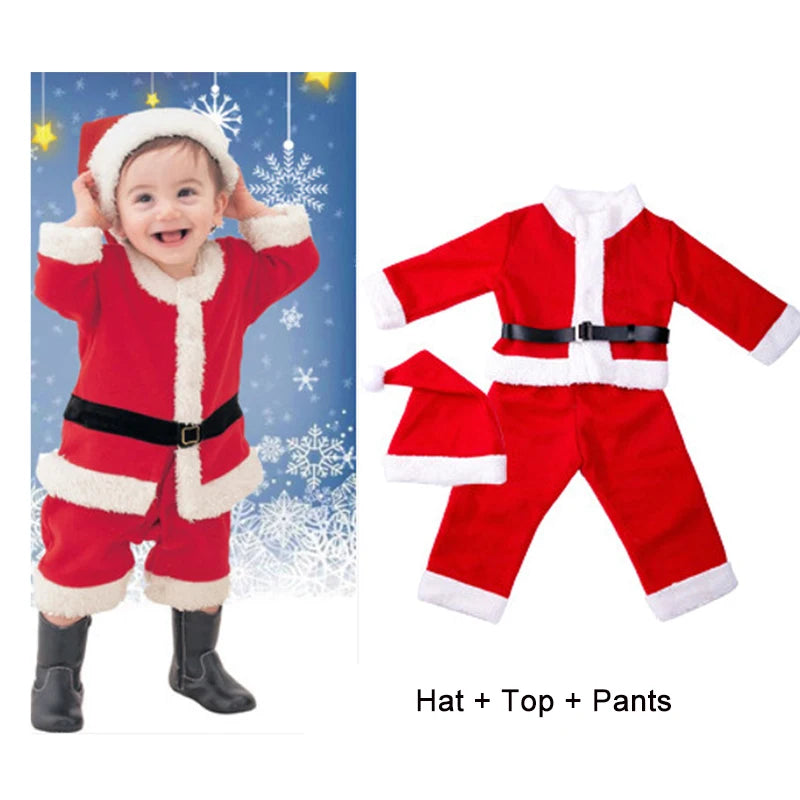 Kids Christmas Costumes Santa Claus Cosplay Clothes Boys and Girls New Years Red Xmas Clothes Christmas Eve Party Clothings 3PCS Christmas Set C